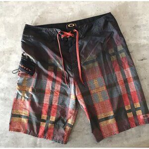 Oakley Board Shorts 32 Mens Black Orange Red Plaid Check Surf Swim Trunks Y2K
